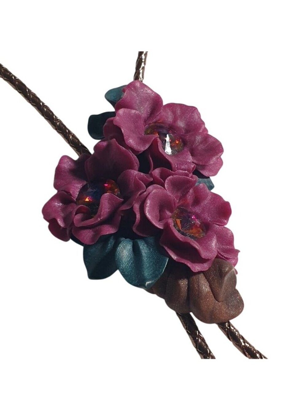Handmade Clay Bolo Tie Floral Crystal Gold Cord Braided Vintage Adjustable Gift